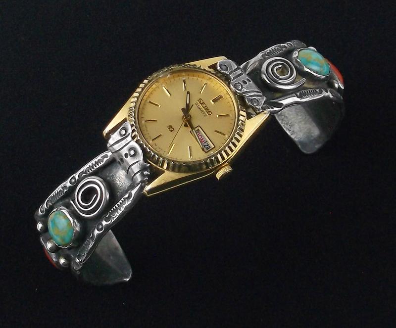 1950s Navajo Sterling Turquoise Cuff Watch Bracelet (1 of 7)