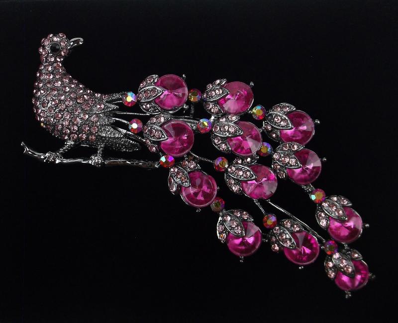 Huge Mint Enameled Rhinestone Peacock Brooch (1 of 2)