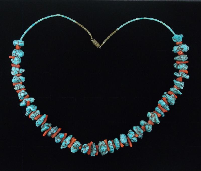 Stunning 1960s Navajo Turquoise Coral Necklace 23" (1 of 4)