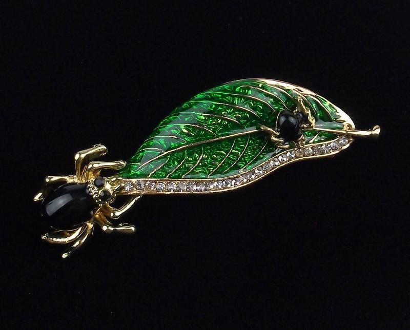 Mint Enameled Rhinestone Spider On Leaf Brooch (1 of 1)