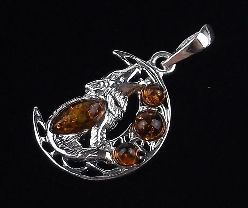 New Sterling Silver Genuine Amber Wolf Moon Pendant Sm (1 of 1)
