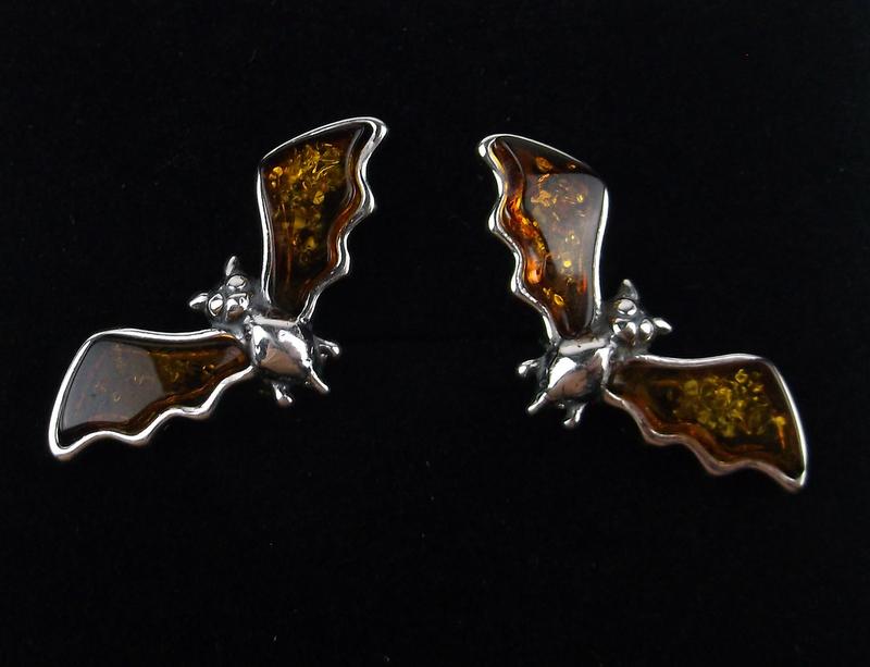 New Sterling Silver Genuine Amber Bat Stud Earrings (1 of 3)
