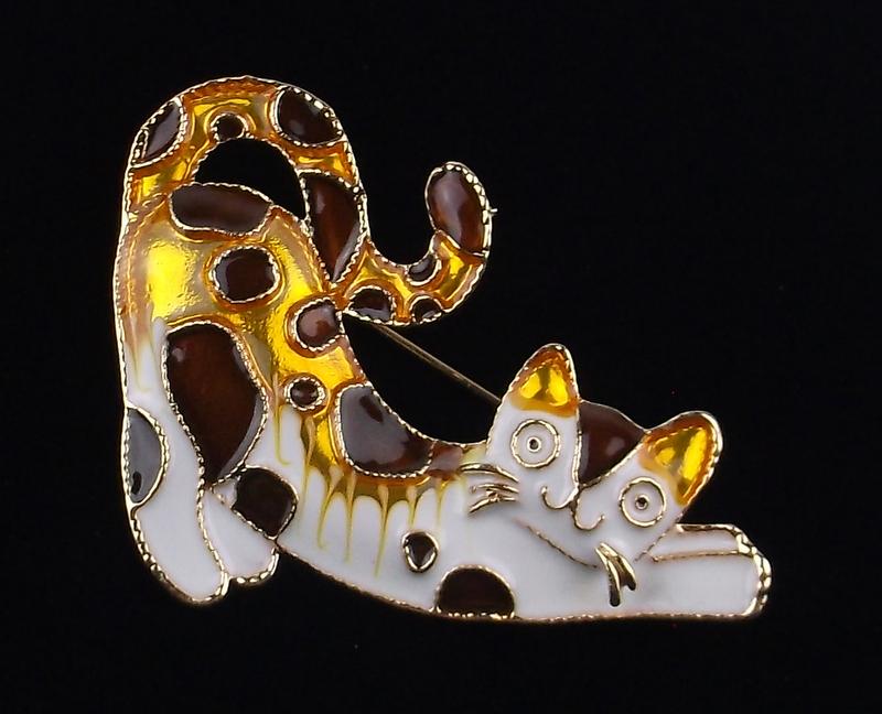 Mint Enameled Stretching Cat Brooch (1 of 1)
