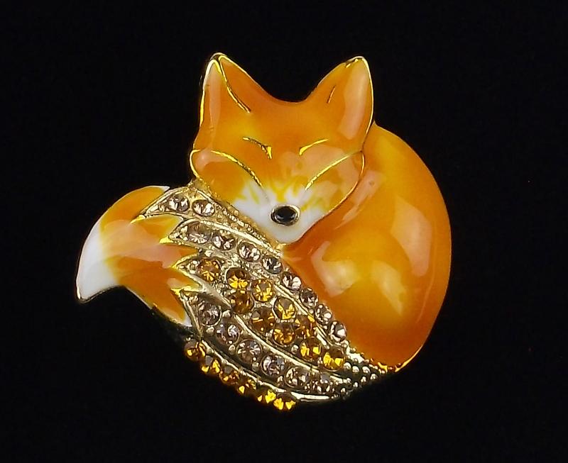 Mint Enameled Rhinestone Sleeping Fox Brooch (1 of 1)