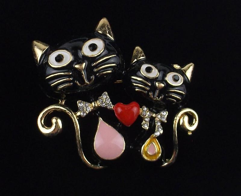 Mint Enameled Rhinestone Cat Love Brooch (1 of 1)