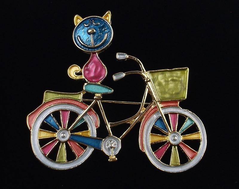 Mint Enameled Cat On Bike Brooch: Mint Condition, In Like New Condition, Perfect