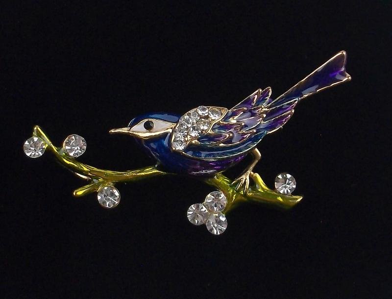 Mint Enameled Rhinestone Bird On Branch Brooch (1 of 1)