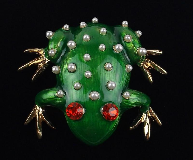 Mint Enameled Rhinestone Life Size Toad Frog Brooch (1 of 5)