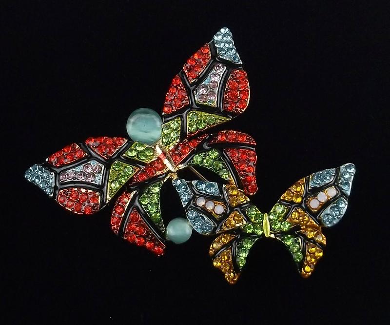 Mint Enameled Rhinestone Double Butterfly Brooch (1 of 1)