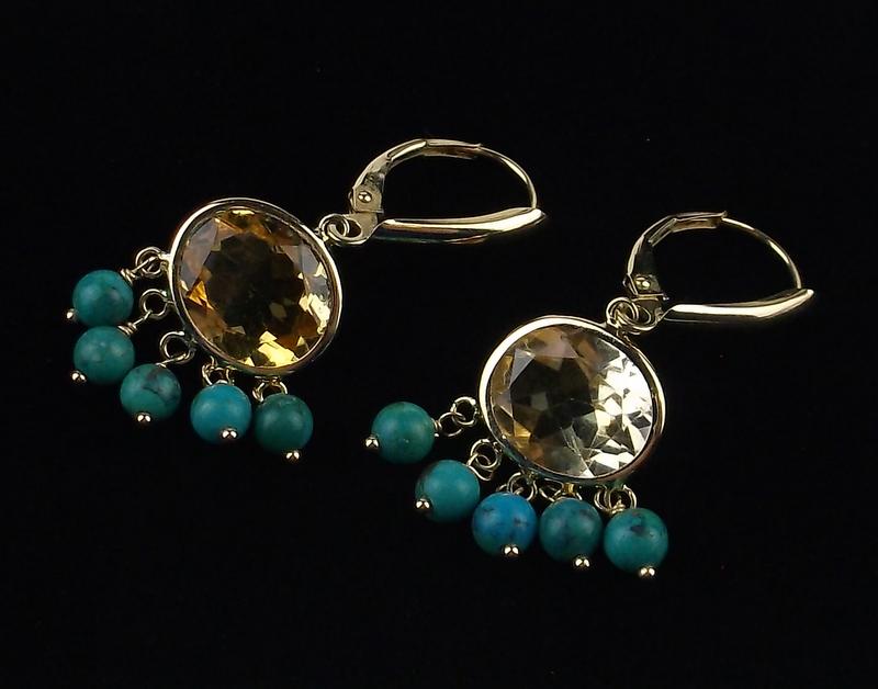 New Boxed 14kt Gold Citrine Turquoise Drop Earrings (1 of 2)
