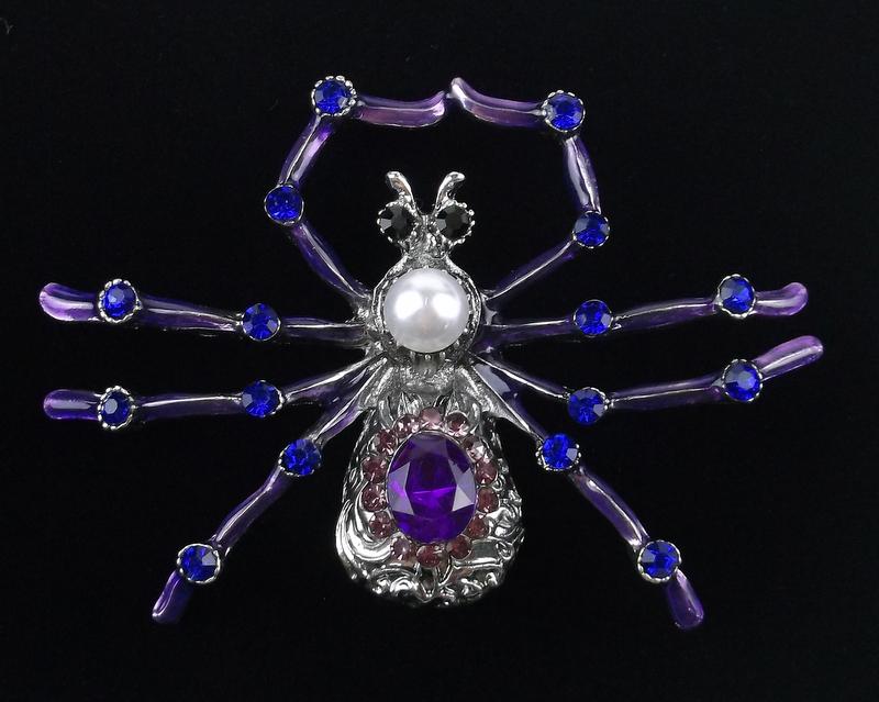 Large Mint Enameled Rhinestone Spider Brooch (1 of 2)