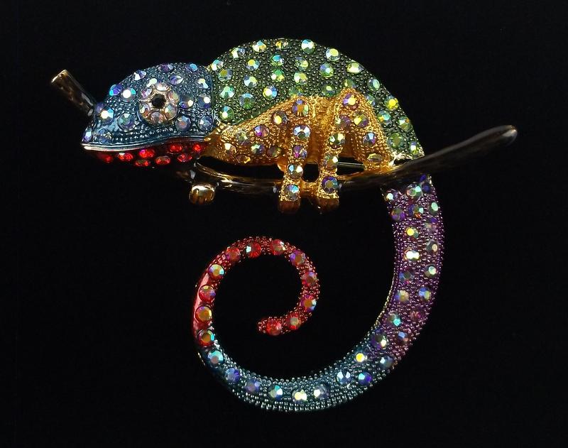 Large Mint Enameled Rhinestone Chameleon Brooch (1 of 2)