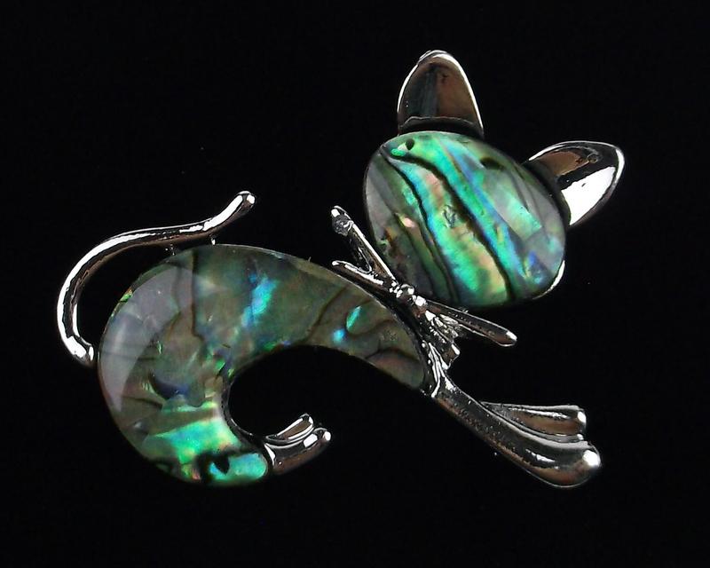 Mint Abalone Stretching Cat Brooch (1 of 1)