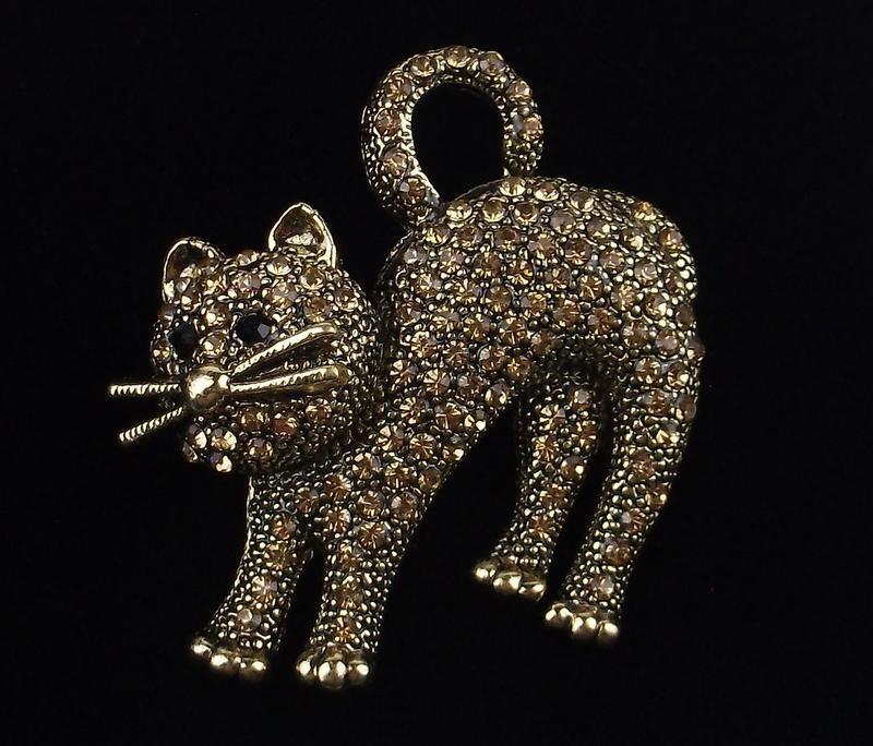 Mint Enameled Rhinestone Stretching Cat Brooch (1 of 2)