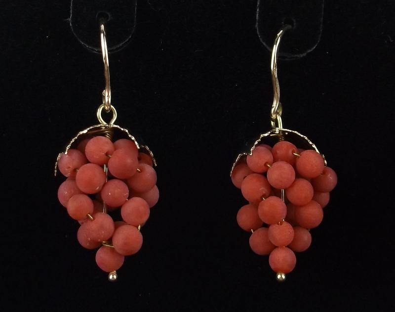 New Boxed 14kt Gold Red Coral Grape Drop Earrings (1 of 4)