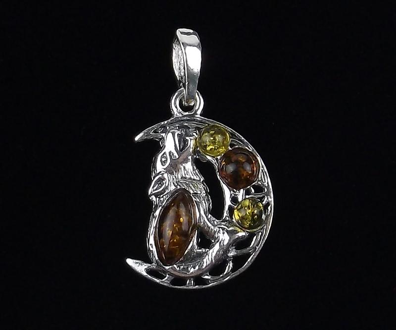 New Sterling Silver Genuine Amber Wolf Moon Pendant (1 of 1)
