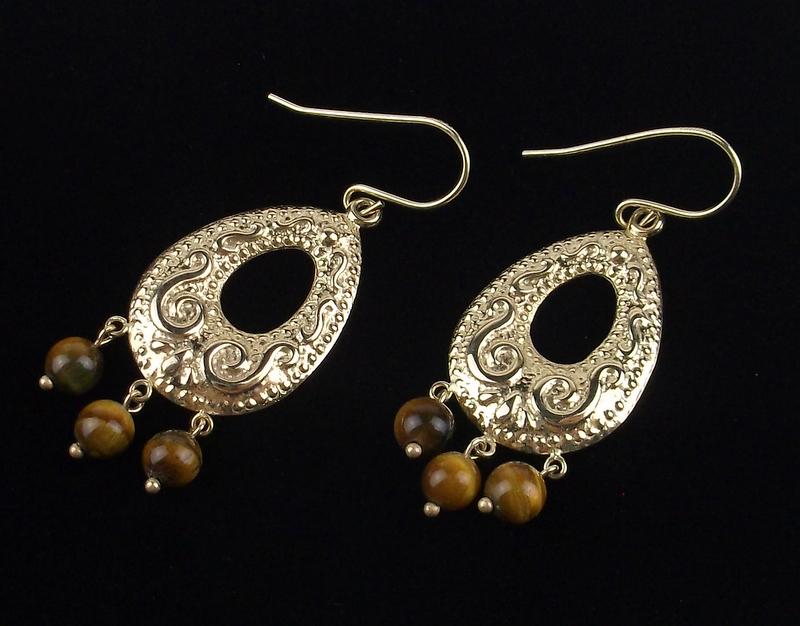 New Boxed 14kt Gold Tigers Eye Drop Earrings Dangly (1 of 2)