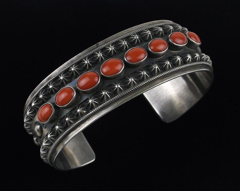 Thick Navajo Danny Clark Sterling Coral Cuff Bracelet (1 of 8)