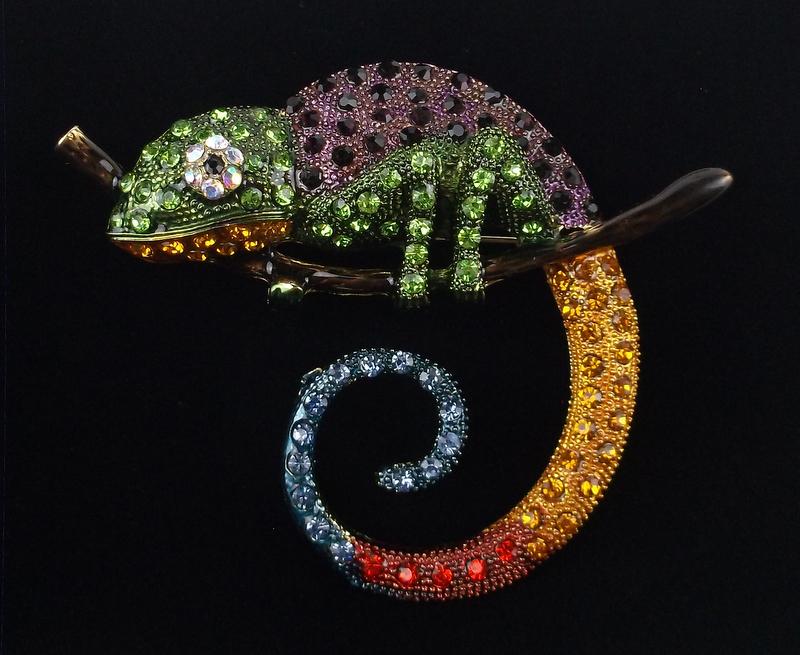 Mint Large Enameled Rhinestone Chameleon Brooch (1 of 2)