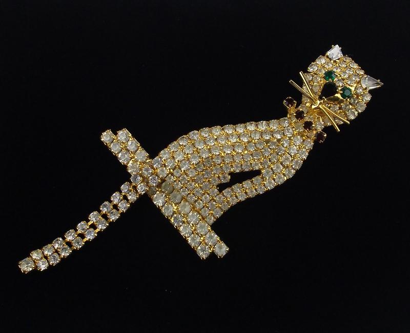 Mint Vintage Large Rhinestone Cat Brooch Tail Sways (1 of 2)