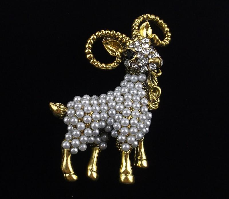 Mint Enameled Rhinestone Mountain Ram Brooch (1 of 2)