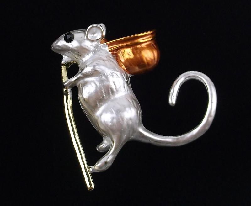Mint Enameled Rhinestone Traveling Mouse Brooch (1 of 2)