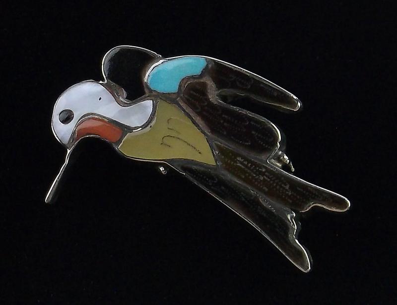 Mint 1960s Zuni Sterling Inlay Bird Brooch Pendant (1 of 2)