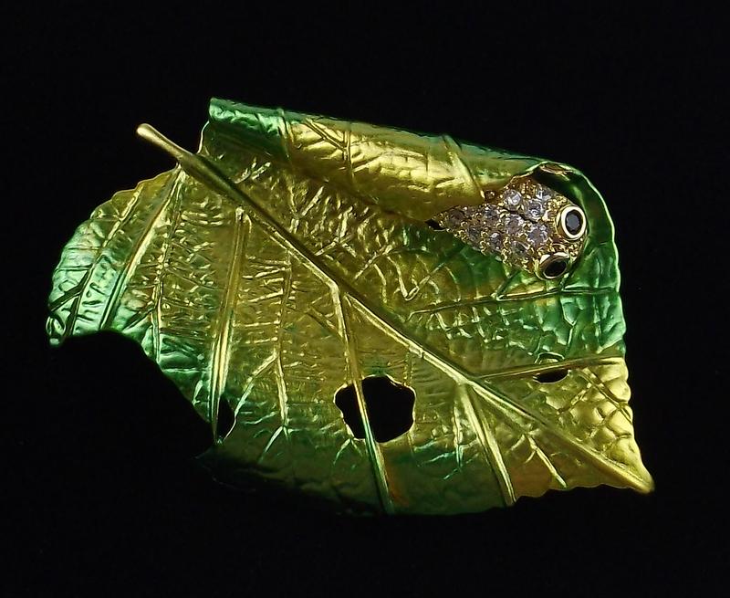 Mint Enameled Rhinestone Silkworm In Leaf Brooch (1 of 2)