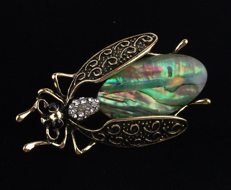 Mint Rhinestone Genuine Abalone Insect Brooch (1 of 2)