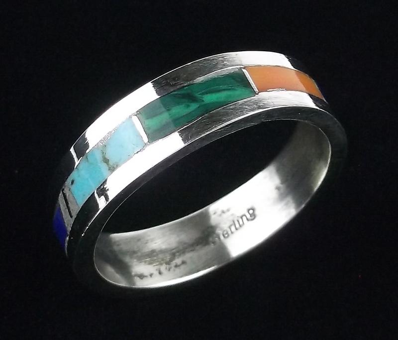 Navajo Roger Morgan Sterling Multi Inlay Ring 12: p Boxed Handmade Genuine Navajo Ring, Solid Sterling Silver, Authentic, In Brand New Never Worn Condition