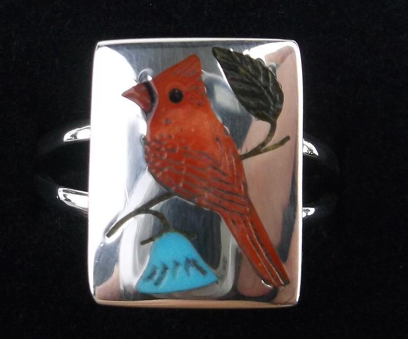 Zuni Harlan Coonsis Sterling Inlay Cardinal Ring 7 (1 of 3)
