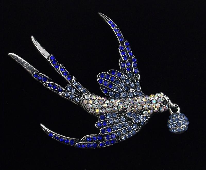 Mint Enameled Rhinestone Swallow Bird Brooch (1 of 2)
