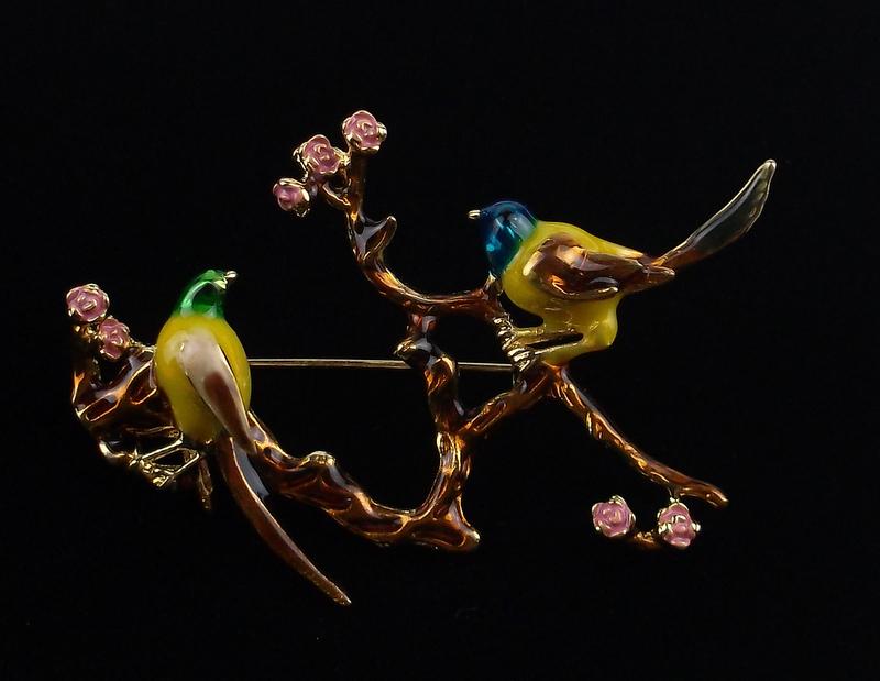 Mint Enameled Birds on Branch Brooch (1 of 1)