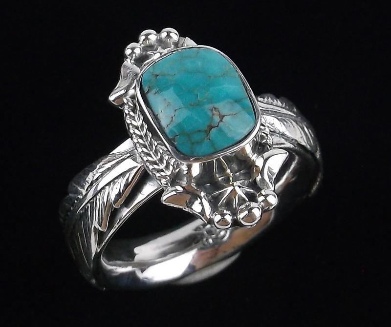 Navajo Bobby Platero Sterling Turquoise Feather Ring 9 (1 of 4)