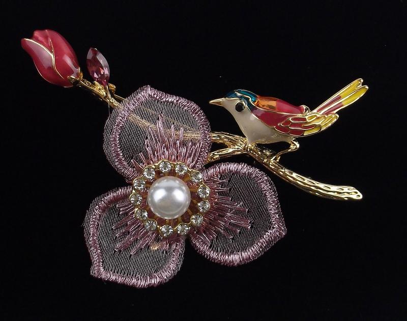 Mint Enameled Rhinestone Bird on Branch Brooch (1 of 2)