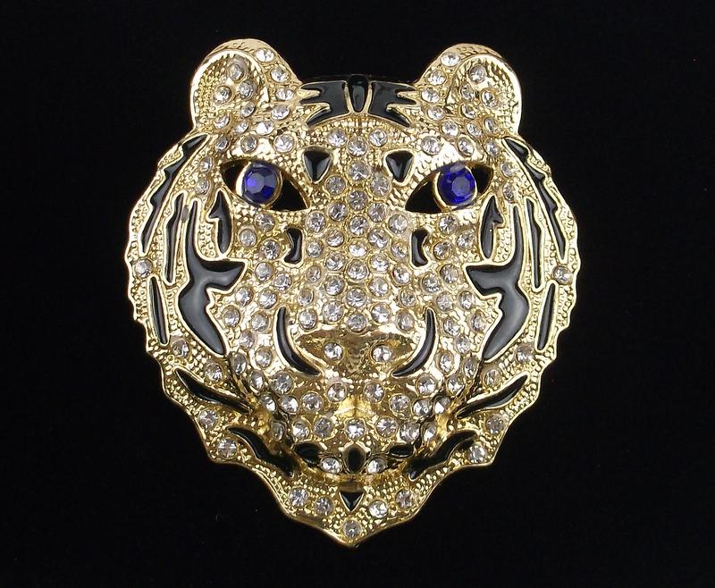 Mint Enameled Rhinestone Tiger Brooch Large (1 of 2)
