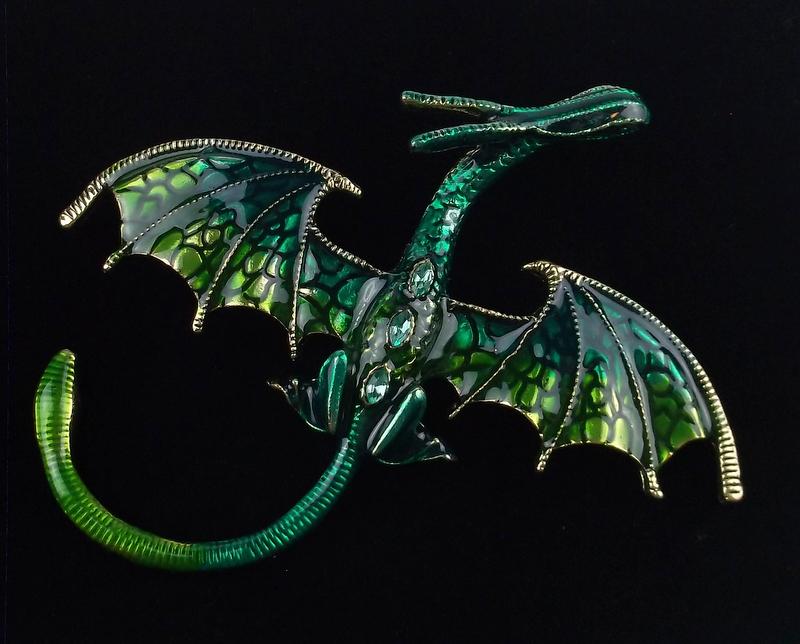 Large Mint Enameled Rhinestone Flying Dragon Brooch (1 of 2)