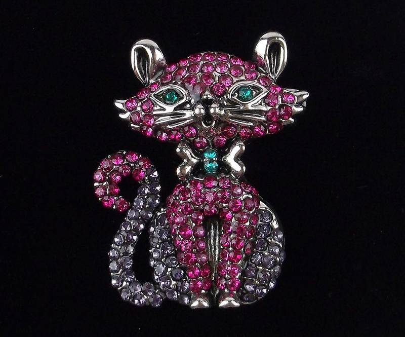 Mint Enameled Rhinestone Cat Brooch (1 of 1)
