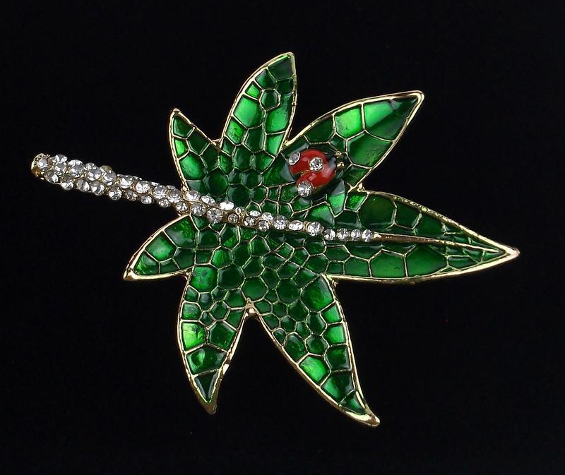 Mint Enameled Rhinestone Ladybug on Leaf Brooch (1 of 2)