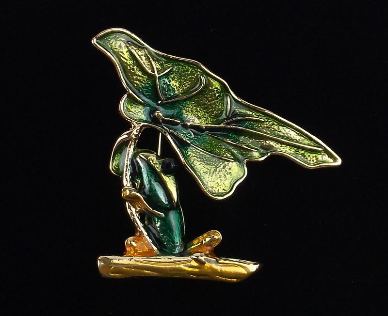 Mint Enameled Rhinestone Tree Frog Under Leaf Brooch (1 of 2)