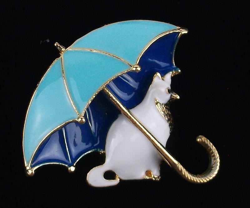 Mint Enameled Rhinestone 3D Cat Under Umbrella Brooch (1 of 2)