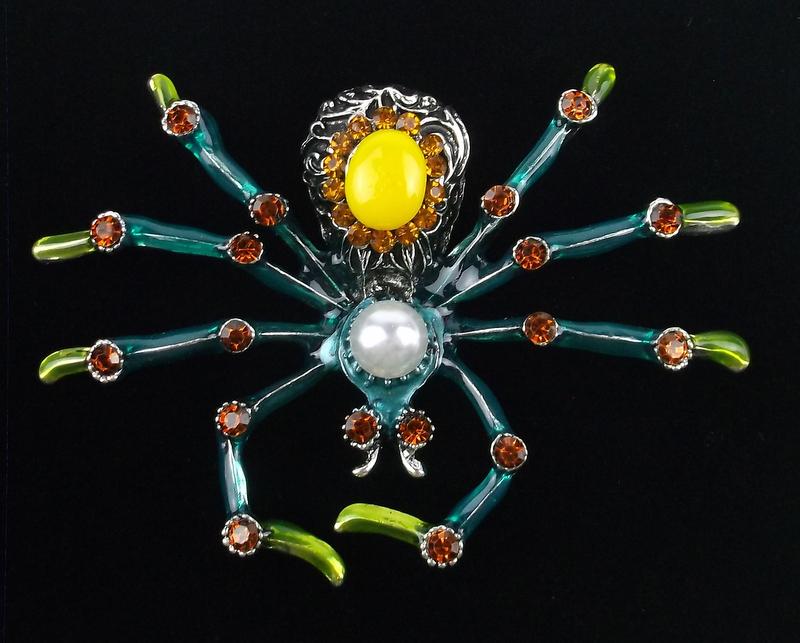 Big Mint Enameled Rhinestone Spider Brooch (1 of 2)