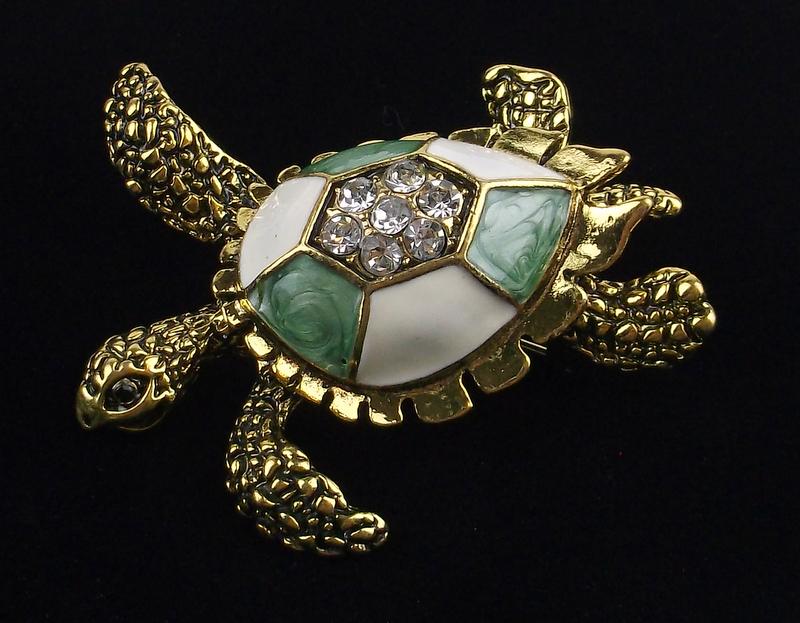 Mint Enameled Rhinestone Sea Turtle Brooch (1 of 2)