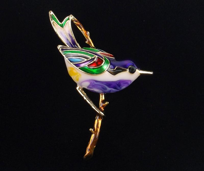Mint Enameled Rhinestone Bird on Branch Brooch (1 of 2)