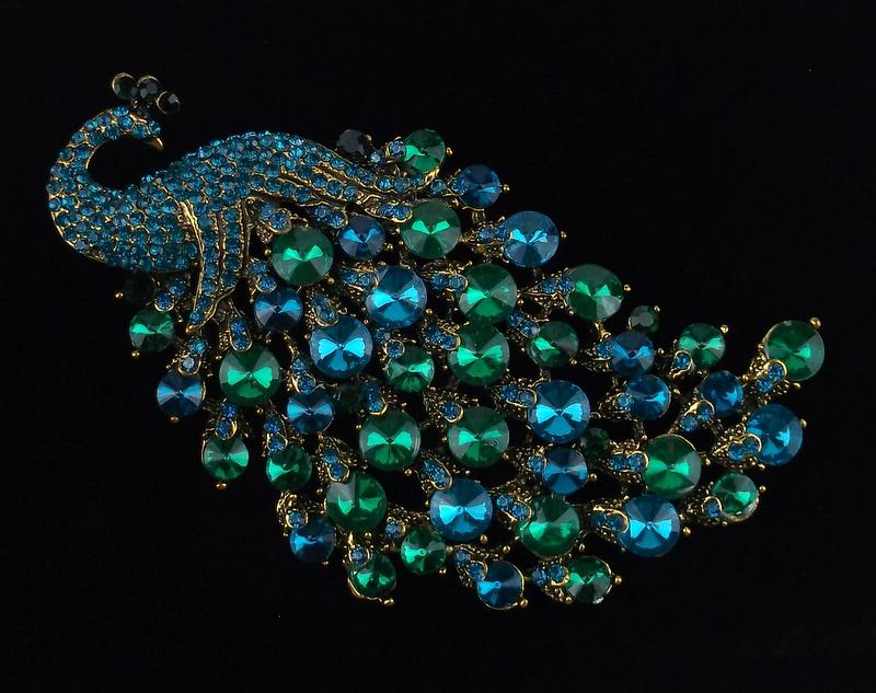 Mint Huge Enameled Rhinestone Peacock Brooch (1 of 2)