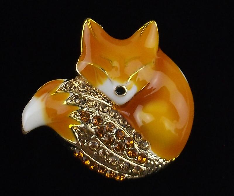 Mint Enameled Rhinestone Sleeping Fox Brooch (1 of 1)