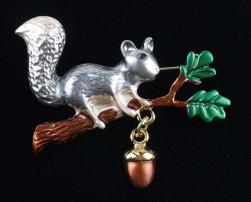 Mint Enameled Rhinestone Squirrel Acorn Brooch (1 of 2)