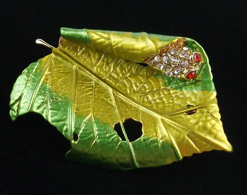 Mint Enameled Rhinestone Caterpillar In Leaf Brooch (1 of 2)