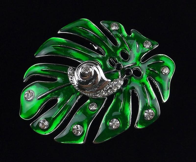 Mint Enameled Rhinestone Snail On Leaf Brooch (1 of 2)