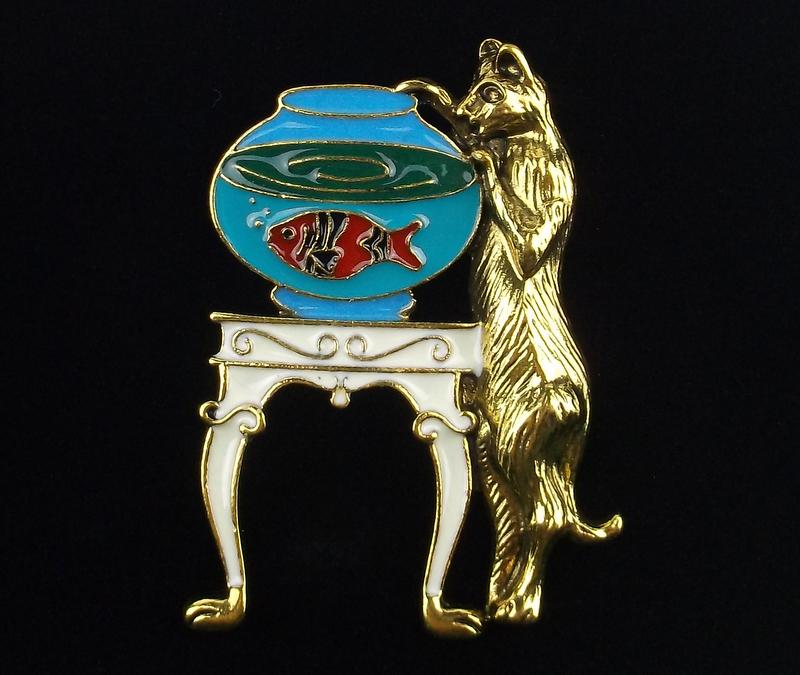 Mint Enameled Cat In Fish Bowl Brooch (1 of 2)